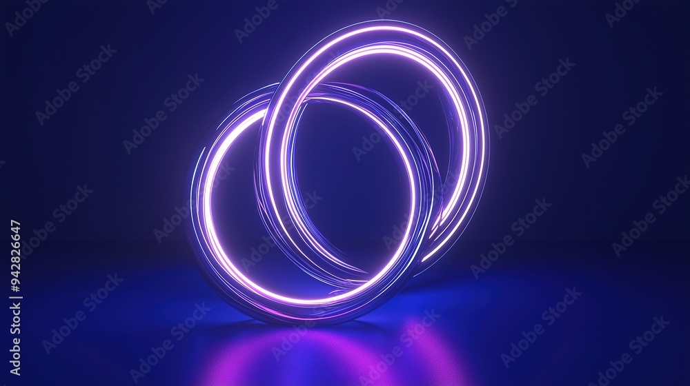 Glowing neon rings illuminate dark space, futuristic and ethereal atmosphere with vibrant purple and blue hues against a shadowy background. Glowing neon rings illuminate dark space, futuristic and ethereal atmosphere with vibrant purple and blue hues against a shadowy background.