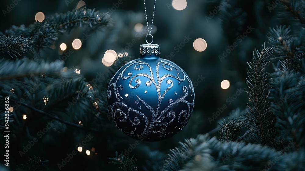 Enchanting Winter Wonder: Deep Blue Ornament with Silver Patterns Surrounded by Dark Green Foliage - Perfect for a Cozy Holiday Poster or Sports Interior Decoration! Enchanting Winter Wonder: Deep Blue Ornament with Silver Patterns Surrounded by Dark Green Foliage - Perfect for a Cozy Holiday Poster or Sports Interior Decoration!
