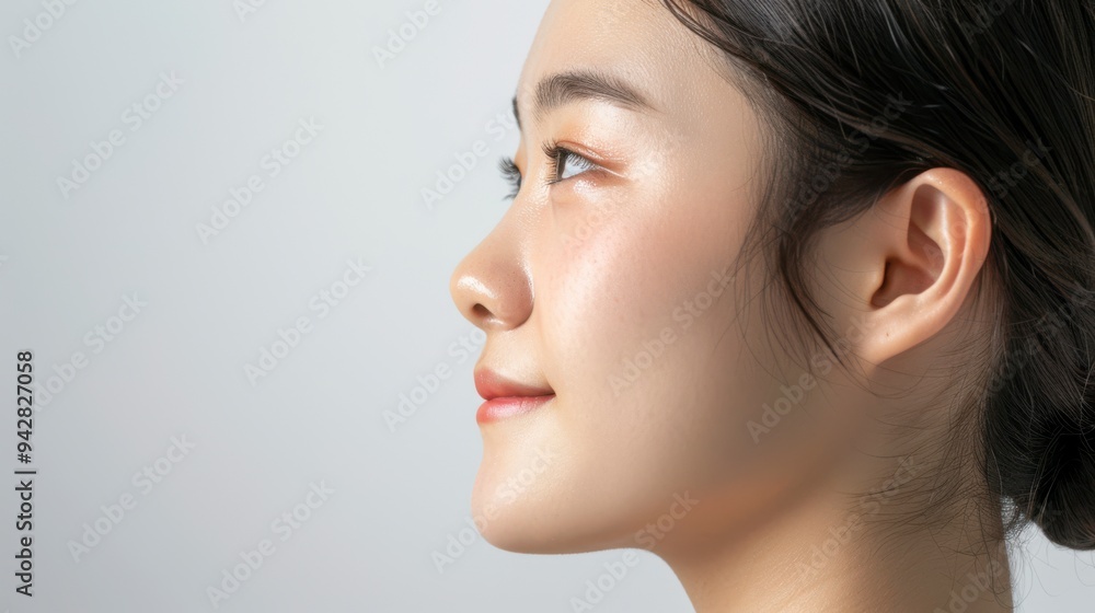 Close-up photo of an Asian woman on a white background, showing only her face and head, with her hair tied back and a slight smile on her face, for use in projects about clean skin without any problem Close-up photo of an Asian woman on a white background, showing only her face and head, with her hair tied back and a slight smile on her face, for use in projects about clean skin without any problem