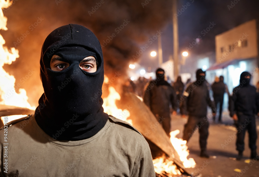 Violent riots and protests in the evening or night, with masked individuals involved in political clashes. The city streets are filled with burning and flames