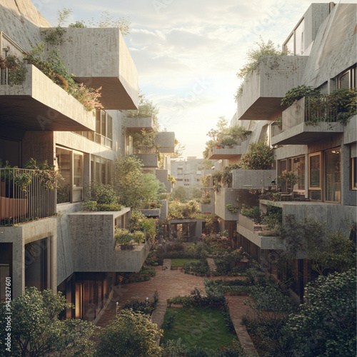 a multi-sided residential building, seven sediments, Beside a small street,high structure, roof garden roof, open ground floor, green patio, plants hanging on the facades photo