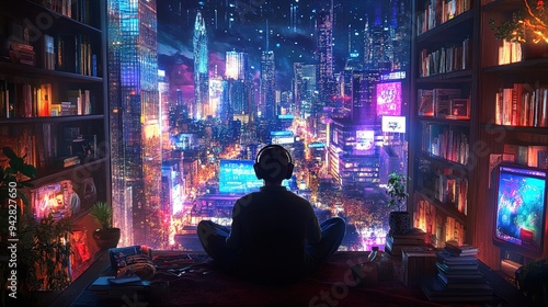 Cozy Urban Oasis: A Serene Individual with Headphones Enjoys a Stunning Metropolis View - Perfect Poster for Modern Interiors or Relaxation Spaces