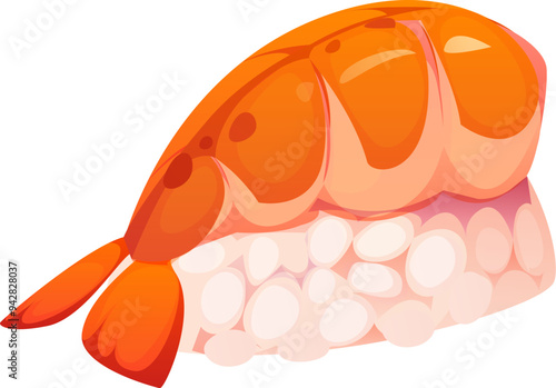 Cartoon Japanese nigiri sushi roll. Isolated vector traditional Japan food featuring a piece of shrimp on top of rice. Asian culinary restaurant menu dish, food blog presentation, recipe book meal