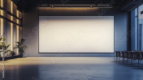 Modern Conference Space with a Large Blank Screen  Bathed in Soft Lighting  Ideal for Showcasing Promotional Mockups