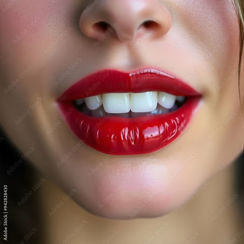 Close-up of a woman's full, red lips with gloss Close-up of a woman's full, red lips with gloss