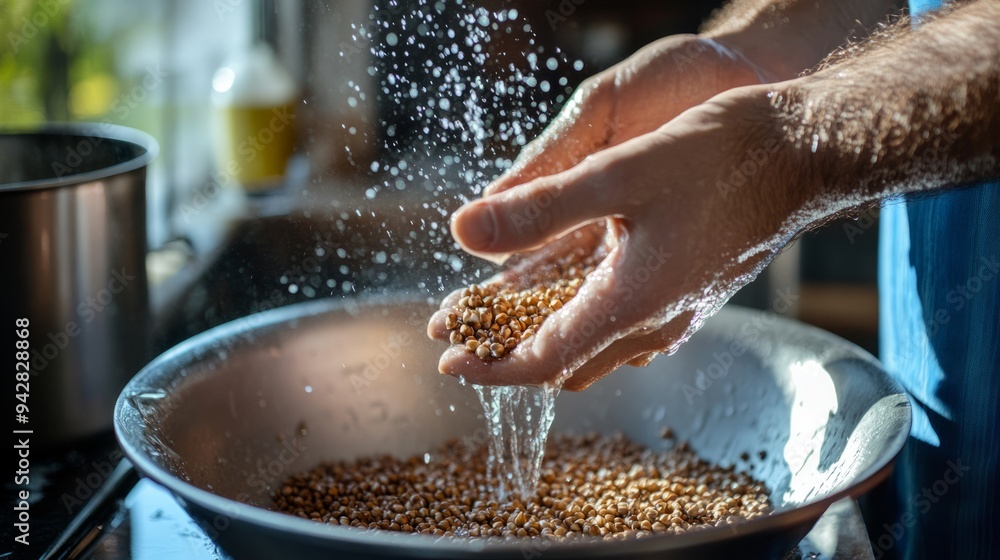 Chef washes fresh grains in a kitchen sink to prepare a nutritious dish with organic ingredients Chef washes fresh grains in a kitchen sink to prepare a nutritious dish with organic ingredients
