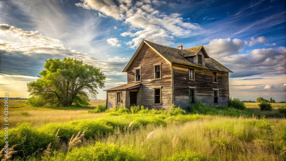 Abandoned farmhouse surrounded by overgrown vegetation in a desolate grunge landscape Abandoned farmhouse surrounded by overgrown vegetation in a desolate grunge landscape