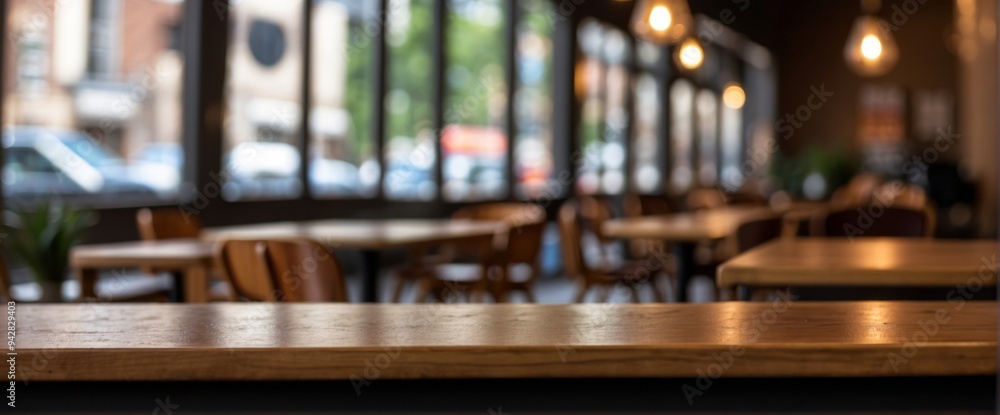 Empty Wooden Tabletop in a Blurred Restaurant Setting Empty Wooden Tabletop in a Blurred Restaurant Setting