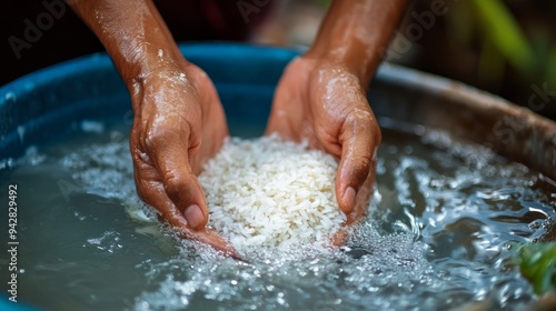 Farmer's hands gently washing rice in water before cooking