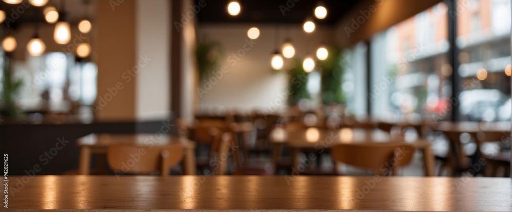 Wooden Tabletop with Blurred Cafe Interior and Bokeh Lights Wooden Tabletop with Blurred Cafe Interior and Bokeh Lights