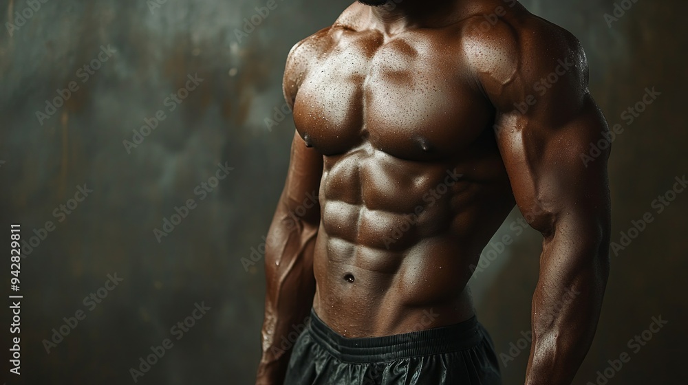 Fototapeta premium A man with a very muscular body is standing in front of a wall