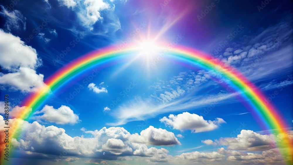 A colorful rainbow stretching across the sky on a sunny day A colorful rainbow stretching across the sky on a sunny day