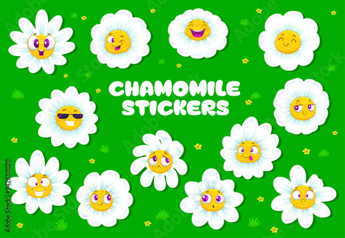 Chamomile face, daisy flowers stickers. Cartoon camomile bloom characters with funny face emotions. Vector set of patches with cute summer blossoms smile, laugh, crazy or wink, surprised and sad emoji