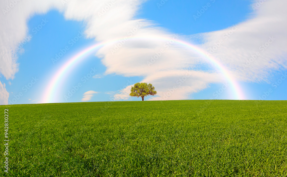 Naklejka premium Beautiful landscape with green grass field and lone tree in the background amazing rainbow
