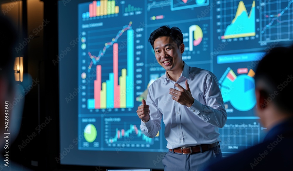 Confident Asian Businessman Presenting Market Growth Analysis with Impressive Data Charts Confident Asian Businessman Presenting Market Growth Analysis with Impressive Data Charts