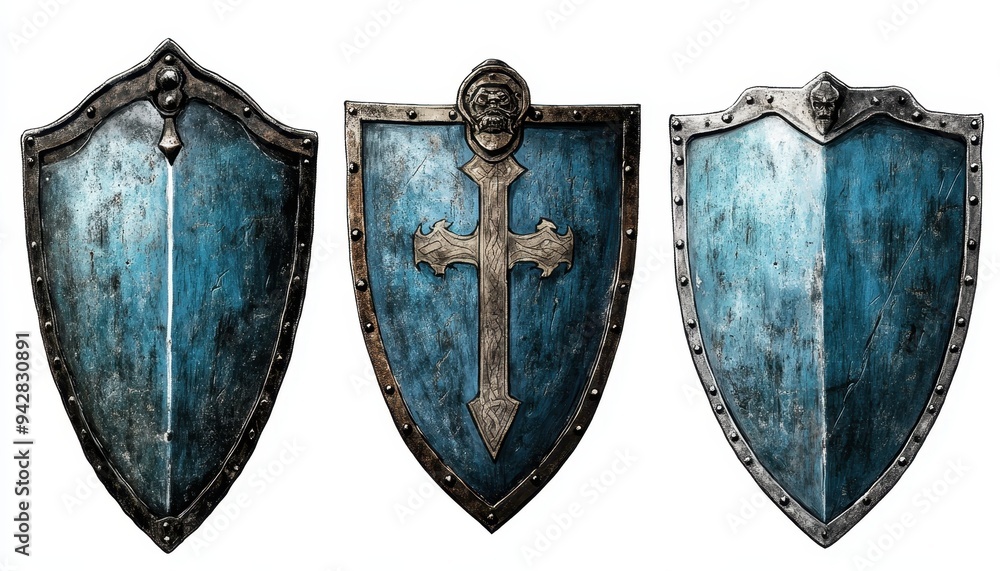 Fototapeta premium Three weathered medieval shields with blue paint and intricate designs, including a cross and lion emblem, displayed on a white background.