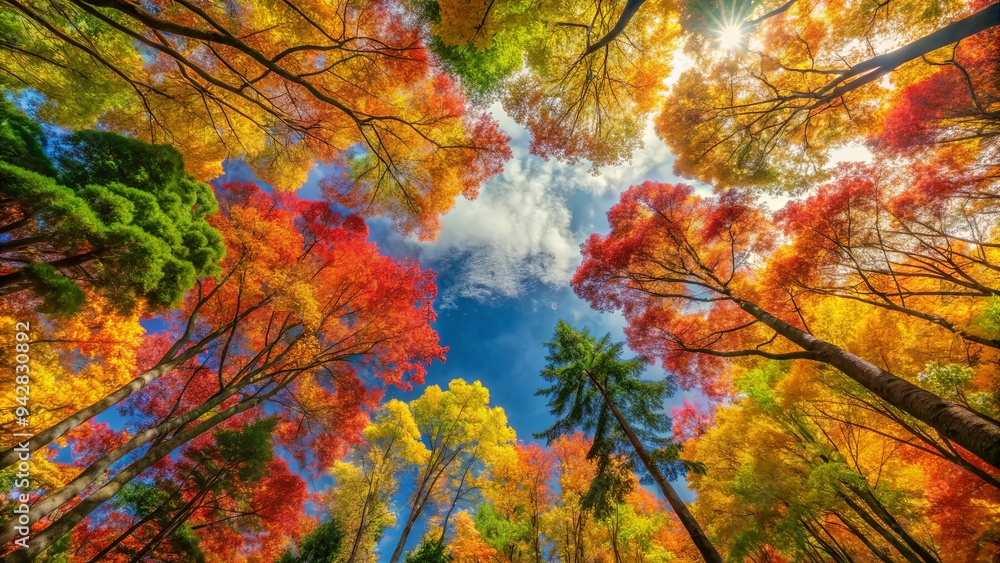 Vibrant autumnal forest canopy with red, yellow, and green leaves and evergreen trees Vibrant autumnal forest canopy with red, yellow, and green leaves and evergreen trees