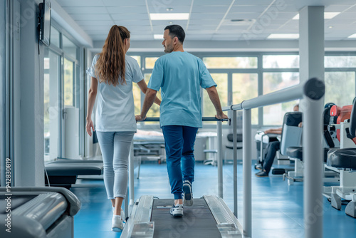 Rehabilitation center. Undergoing rehabilitation after surgery in the clinic. physical therapist helps a patient in a rehabilitation center.  Concept of medicine and health care