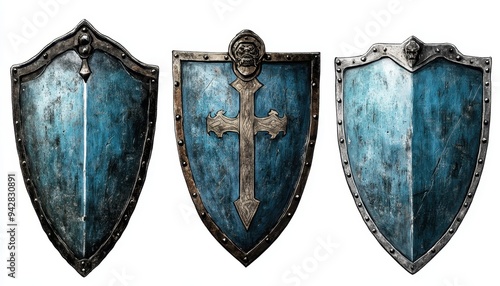 Three weathered medieval shields with blue paint and intricate designs, including a cross and lion emblem, displayed on a white background.