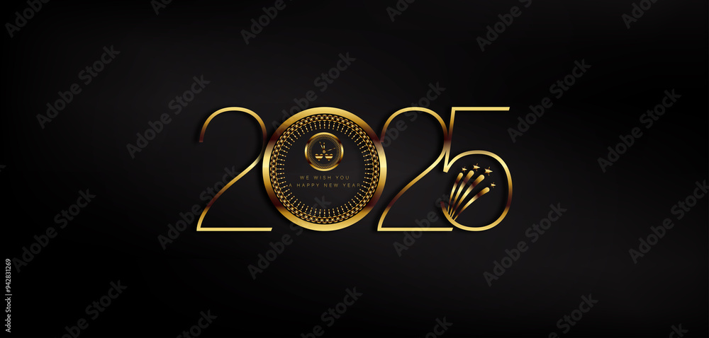 A festive depiction of Happy New Year 2025 in shimmering gold against a dark background, celebrating the arrival of a new year A festive depiction of Happy New Year 2025 in shimmering gold against a dark background, celebrating the arrival of a new year