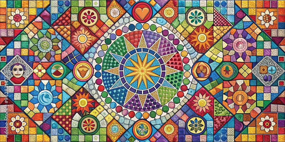 Colorful mosaic pattern depicting diverse shared experiences, unity, togetherness, and diversity in a harmonious design Colorful mosaic pattern depicting diverse shared experiences, unity, togetherness, and diversity in a harmonious design