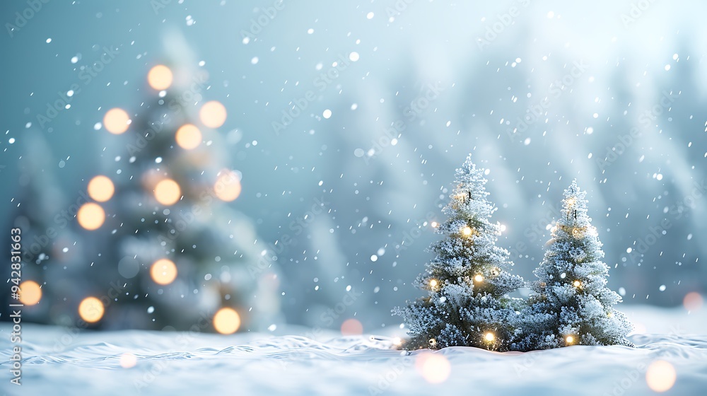 A beautiful Christmas background with three small pine trees covered in snow, white lights on the right side of the picture A beautiful Christmas background with three small pine trees covered in snow, white lights on the right side of the picture