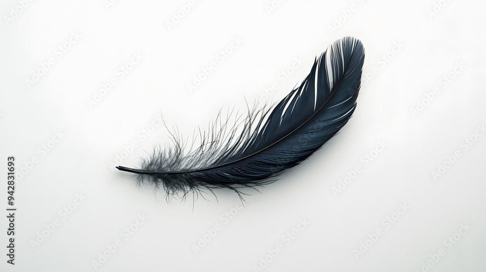 Elegant Black Feather Floating on Stark White Background Elegant Black Feather Floating on Stark White Background
