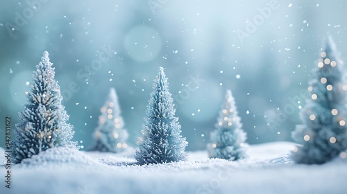 Wallpaper Mural A beautiful Christmas background with three small pine trees covered in snow, white lights on the right side of the picture Torontodigital.ca