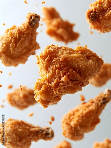 Multiple pieces of fried chicken flying against a white backdrop, with a focus on the rich, crispy exterior that looks irresistibly delicious photo