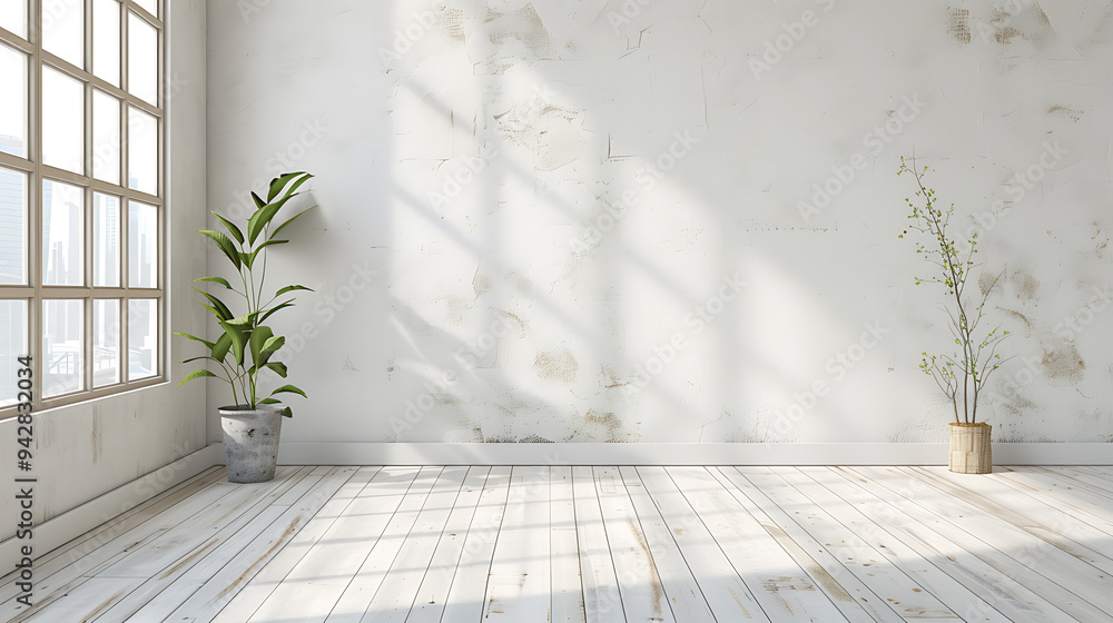 Minimalist interior design with a white wall, wood floor, and a large window. Minimalist interior design with a white wall, wood floor, and a large window.