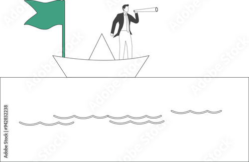 Discover the other side of the ocean, A Businessman rides a paper boat on the sea and looks into the distance