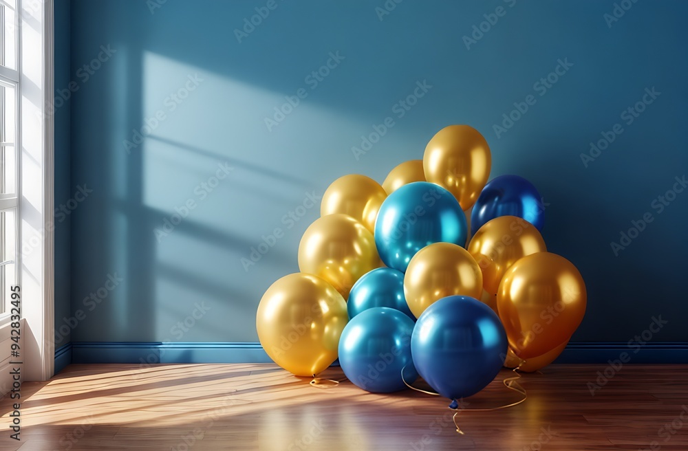Naklejka premium Gold and blue foil balloons in a blue room. illustration for anniversary, birthday, sale and promotion, party design element.