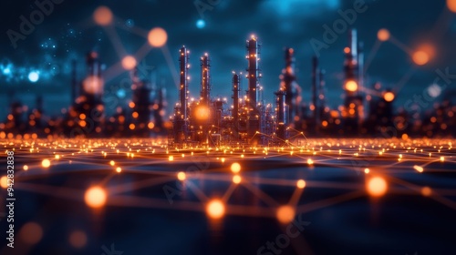 An energy infrastructure network is illustrated with refineries at the core, symbolizing the demand-driven energy matrix. 