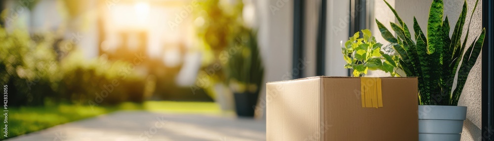 A cozy outdoor scene with a cardboard box and a vibrant plant, basking in the warm sunlight of a serene morning. A cozy outdoor scene with a cardboard box and a vibrant plant, basking in the warm sunlight of a serene morning.
