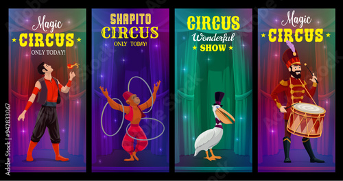 Circus banners with funfair carnival performers and animals, vector cartoon backgrounds. Circus magic show posters with monkey juggler, fire eater man and orchestra drummer with pelican bird in hat