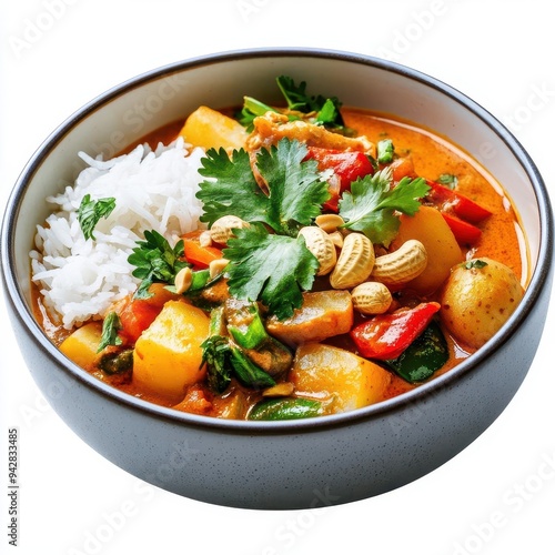 Massaman curry with potatoes and peanuts, isolated on a white background