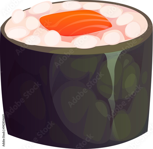 Cartoon Japanese maki sushi roll with a nori seaweed wrap, rice, and a central piece of salmon. Isolated vector classic japan cuisine food, Asian restaurant meal, seafood dish with fresh ingredients