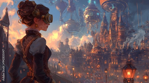 A steampunk woman dressed in Victorian-inspired attire with goggles, standing against the backdrop of an industrial city full of clock towers and smokestacks.
