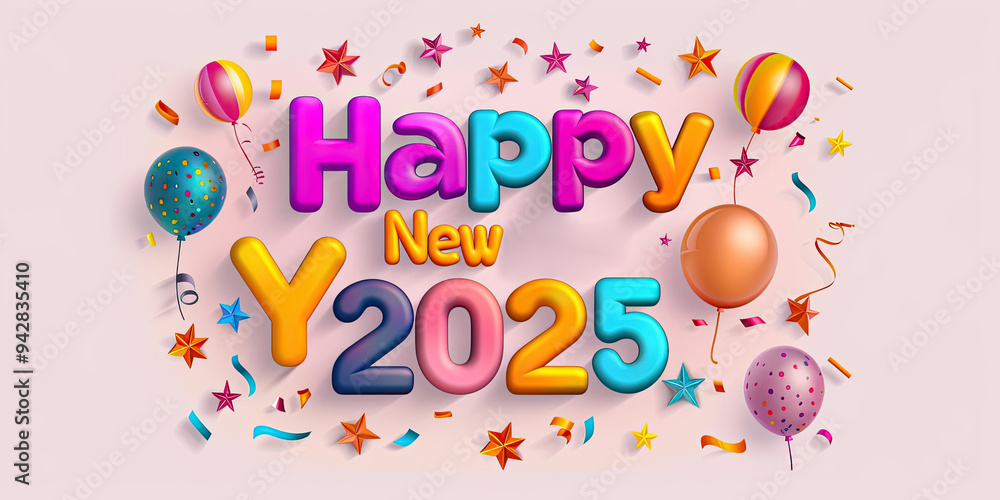 Vibrant minimalistic illustration of Happy New Year 2025 celebration with balloons, stars, and confetti for festive greetings Vibrant minimalistic illustration of Happy New Year 2025 celebration with balloons, stars, and confetti for festive greetings