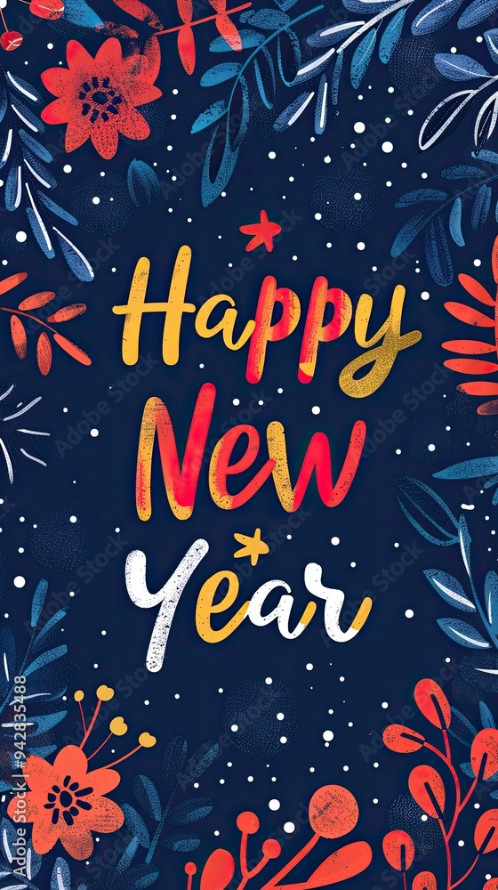 Fototapeta premium Happy New Year illustration featuring a minimalistic design with colorful floral elements on a dark background