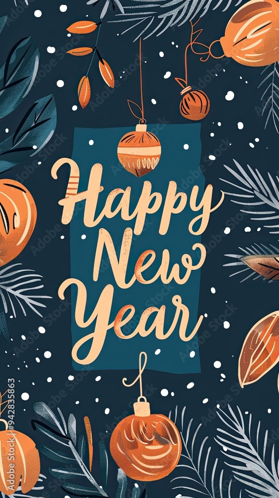 Happy New Year illustration featuring festive ornaments and a minimalistic design for modern celebrations Happy New Year illustration featuring festive ornaments and a minimalistic design for modern celebrations
