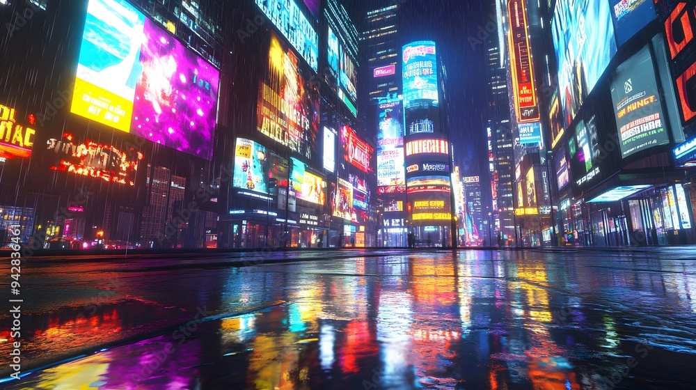 A futuristic city street illuminated by vibrant neon lights, captured on a rainy night with reflections on the wet pavement. A futuristic city street illuminated by vibrant neon lights, captured on a rainy night with reflections on the wet pavement.