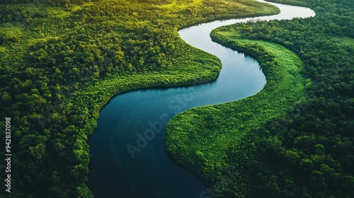 An aerial view of a winding river through a lush green forest