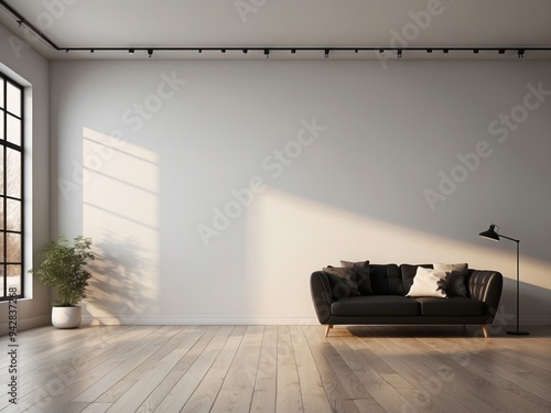 Minimalist Living Room with Black Leather Sofa and Sunlight Streaming Through Window