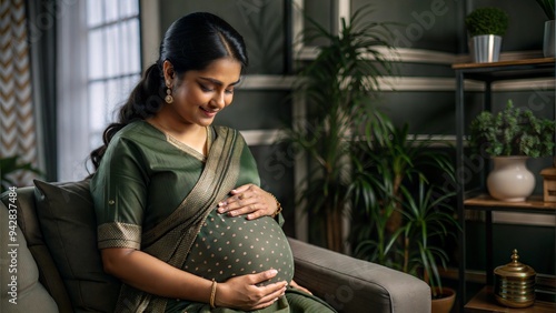  happy indian pregnant woman feeling baby by lookin.