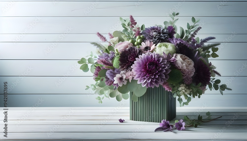 Fototapeta premium Purple and green flowers bouquet is in front of a white wooden wall with copy space,