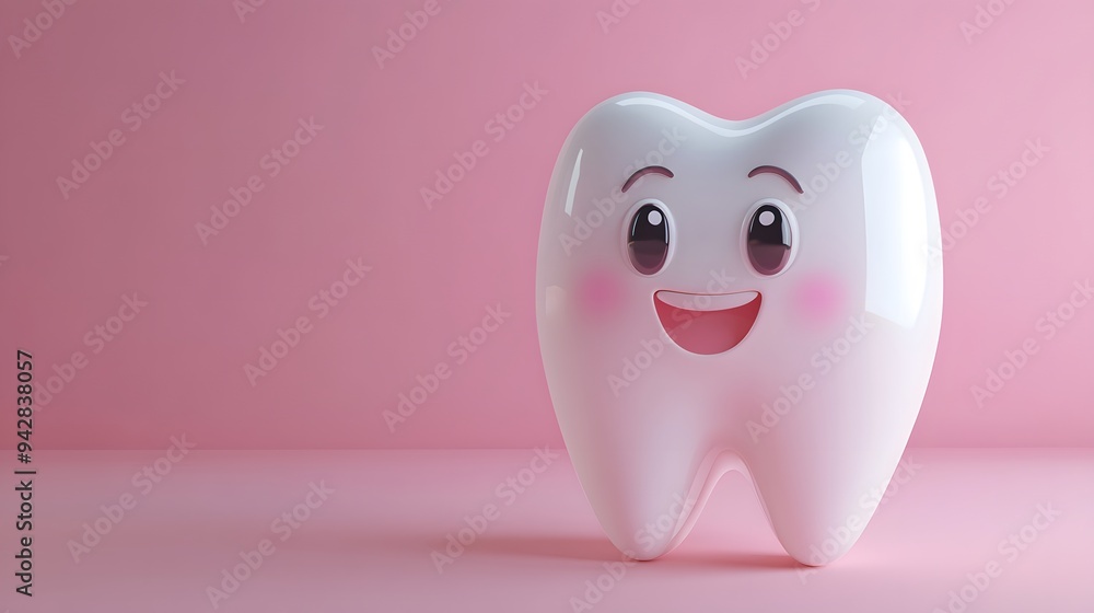 3D illustration of a happy cartoon tooth with big eyes, smiling widely on a pink background, giving a cheerful and friendly vibe. 3D illustration of a happy cartoon tooth with big eyes, smiling widely on a pink background, giving a cheerful and friendly vibe.