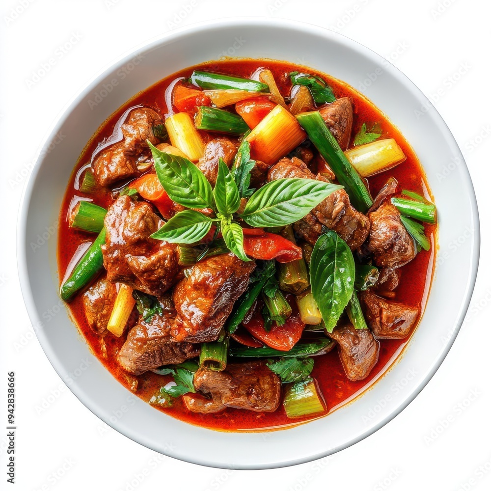 Red curry beef with bamboo shoots, isolated on a white background Red curry beef with bamboo shoots, isolated on a white background