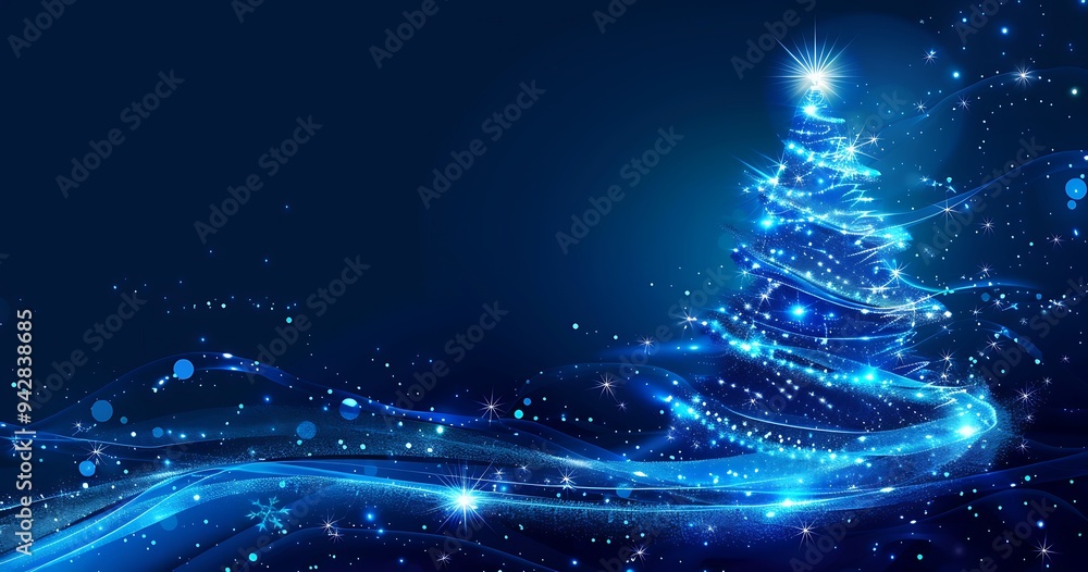 A blue background with a glowing Christmas tree and star, light white stars on the left side of the composition A blue background with a glowing Christmas tree and star, light white stars on the left side of the composition