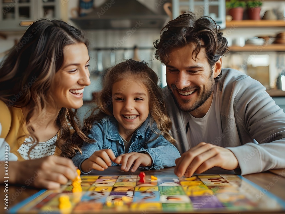Fototapeta premium Family enjoys playful game night at home in a cozy kitchen while sharing laughter and creating joyful memories together